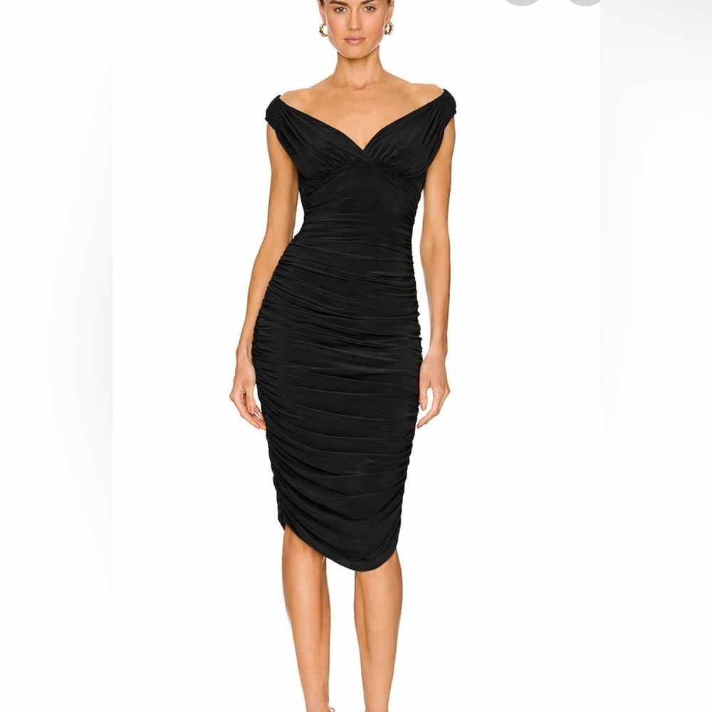 NWT Norma Kamali Black Ruched Off-Shoulder Midi Dress - reposh